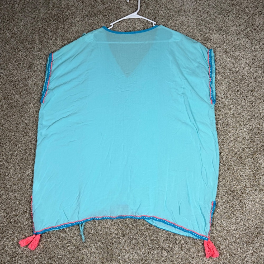Surf Gypsy Turquoise Blue Embroidered Tassel Swim Cover Up Kaftan Tunic Large - Picture 5 of 5